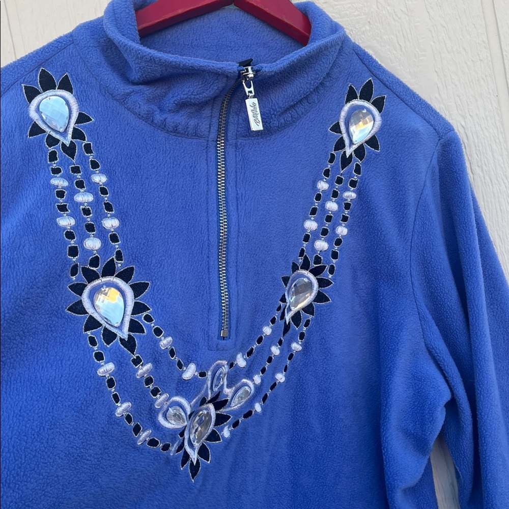 Bob Mackie Wearable Art Bling Embellished Neckline Fleece Pullover L Large